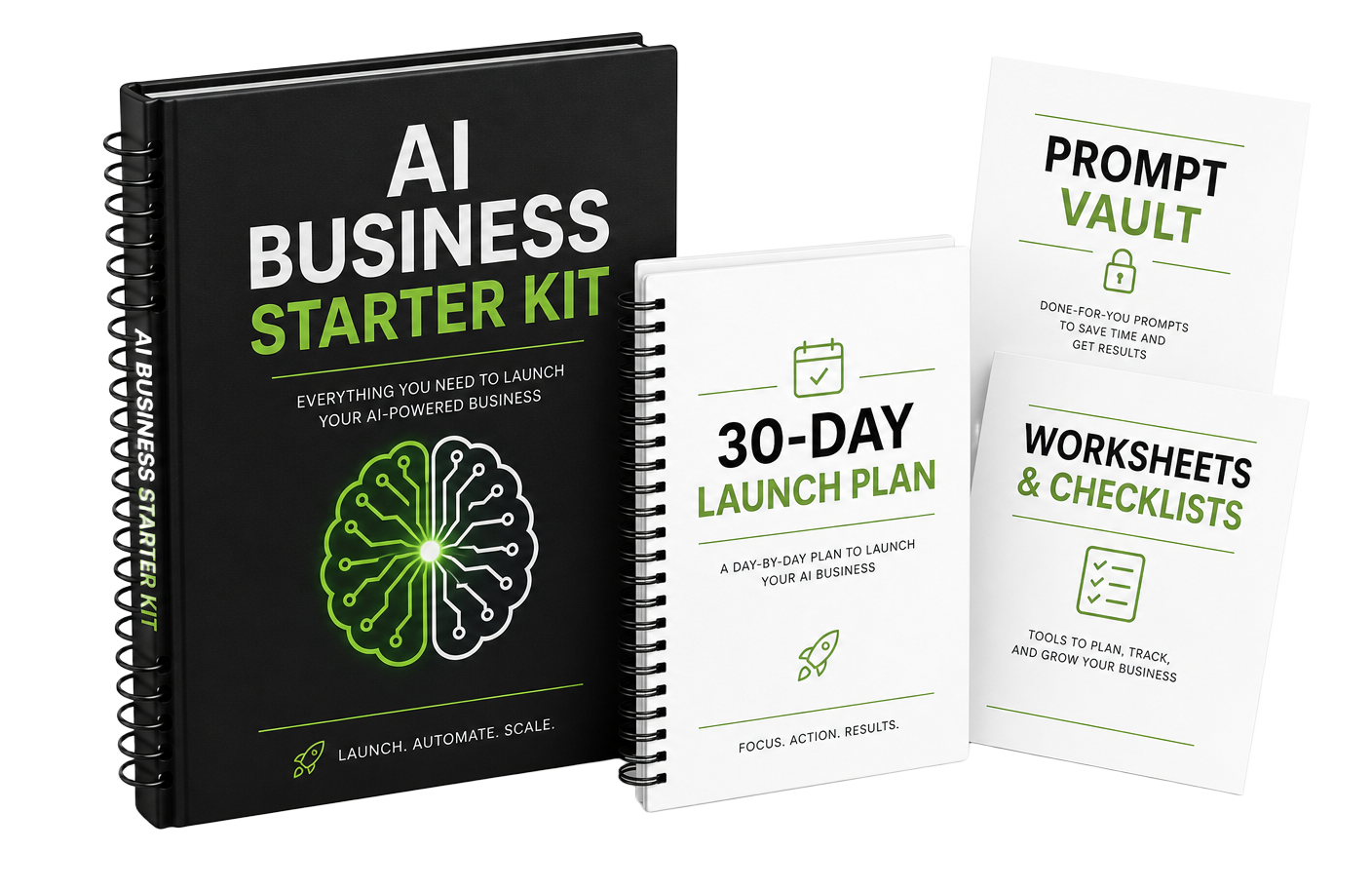 AI Business Starter Kit bundle: 30-day launch plan notebook, starter kit binder, prompt vault and worksheets